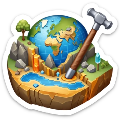 An icon featuring a rock hammer, a geological map, and layers of Earth’s crust, symbolizing geology. The design includes mineral samples, fossils, and tectonic plates, representing the study of Earth’s structure and natural processes. Transparent background highlights geological exploration sticker