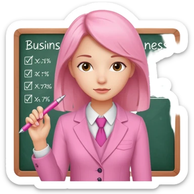 pink board with a girl writing on it and on the board there are graphs and a title "Businss sticker