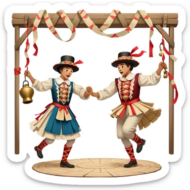 Cinematic Realistic scene of two performers executing a Morris Dance in full traditional costume—with bells, ribbons, and clogs—captured in dynamic motion against a rustic English backdrop and warm, golden lighting sticker