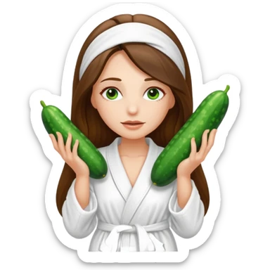 white long brunette hair girl with hazel eyes in a bathrobe with cucumbers covering her eyes sticker