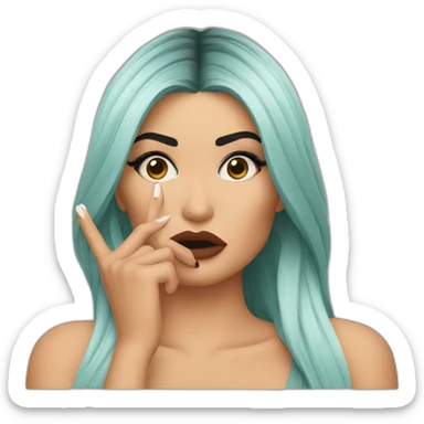 Kylie Jenner wondering and holding her finger on her lips sticker