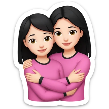 Two girls with black hair, one wearing white shirt and the other wears pink shirt, hugging each other romantically  sticker