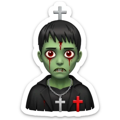 zumbi verde com olhos vermelhos sangrando e franja roupa preta e um crucifixo como colar sticker