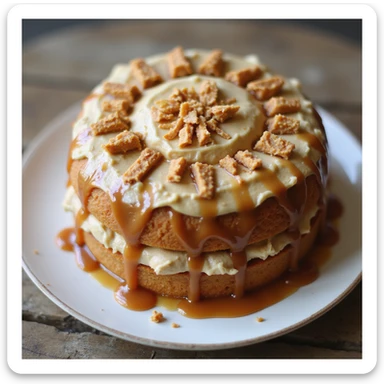 realistic round cake with caramel frosting and caramel shards, photorealistic style sticker