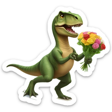 T. rex surfing holding a bouquet of flowers sticker