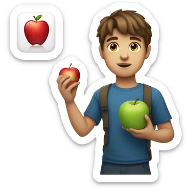 Boy with a normal face and brown hair holding up the Apple logo sticker