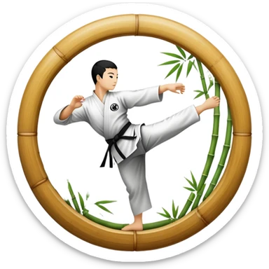 An icon symbolizing Eastern martial arts in the style of an emblem, with a black-and-white Yin-Yang symbol at the center. The design shows a martial artist performing a graceful kick, surrounded by bamboo and traditional elements. Transparent background emphasizes balance and harmony. sticker