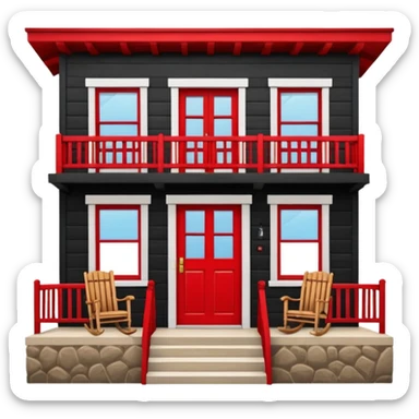 Puerto Rican wooden house facade, central door, two windows, front balcony with rocking chair, scenic frame, humble but well-maintained, warm and authentic, red color sticker
