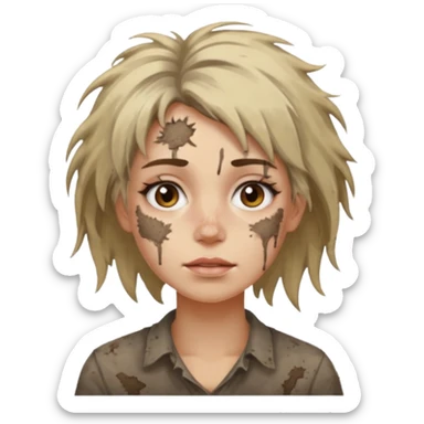 very dirty looking homeless woman very very dirty and smelly looking face only, not old with grey smudges everywhere and messy hair and lots of stains on face ugly and smudged face on forehead and chin sticker