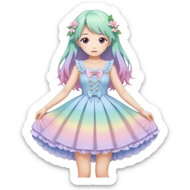 gorgeous pretty attractive anime lady beautiful pastel-gradient hair with gorgeous dress fairycore cottagecore pastelcore detailed high quality trending VOGUE aesthetic full body sticker sticker