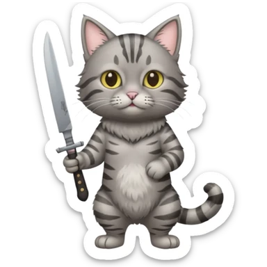 Full body gray tabby cat (no clothes) with a knofe sticker