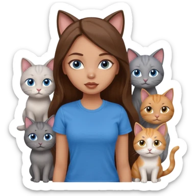 a pretty bratz dusky light skin girl with long brown hair, blue eyes with six cats nd wearing a grey tshirt sticker
