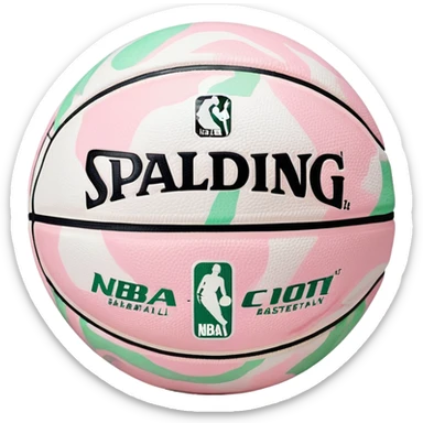 White Spalding basketball with NBA branding, predominantly white with light pastel pink and green marbling sticker