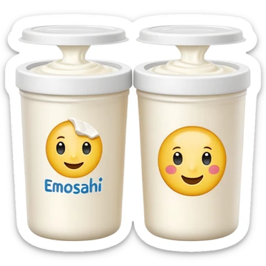 two small cylindrical white yogurt pots with smooth matte finish and slightly crinkled paper tops, one opened showing creamy pale white fresh cheese with soft glossy surface, plain dairy pots, soft lighting, subtle shadows, emoji scale sticker