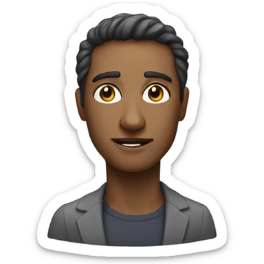 man in front of pc screen, on the screen there is a portrait of a woman with a neutral expression sticker