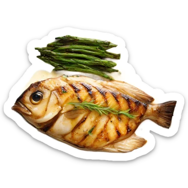 grilled fish fillets with brown butter sauce on white plate sticker