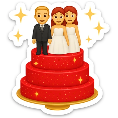Add a sparkle effect to the red wedding cake with bride and groom toppers. Keep the background transparent. The style should resemble emoji style with bright colors and simple shapes. sticker
