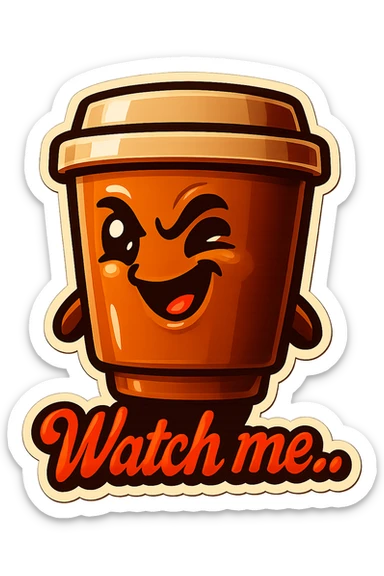 Tall coffee cup, giggling, mischievous eyes, "Watch me..." sticker