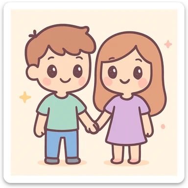 a couple holding hands and standing straight, cute cartoon style sticker