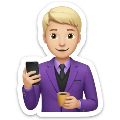 Confident and outgoing male entrepreneur, Caucasian features, blonde hair, big friendly smile, expressive eyes, defined eyebrows, wearing a purple blazer over a black shirt, holding a smartphone in one hand and a coffee cup in the other, waist-up, front-facing sticker