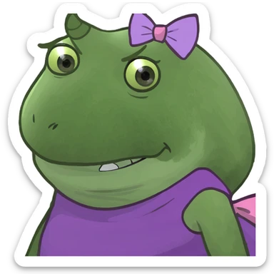 A creepy, ugly monster in a purple dress with a purple bow￼ sticker