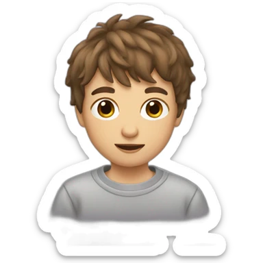 boy with brown hair and bangs wearing a sweatshirt sticker