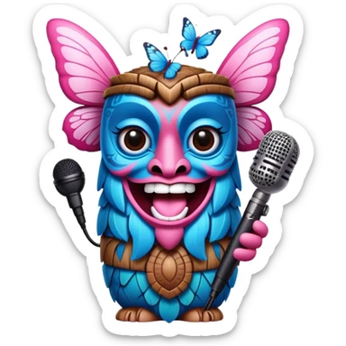 Pixar style little Cartoon Blue and pink tiki singing with butterfly and in the microphone, ultra detailed and lifelike imagery sticker