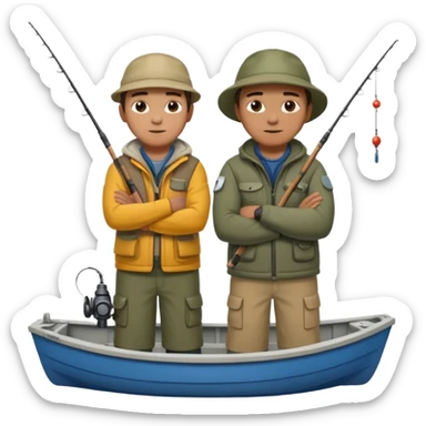 Father and son in fishing gear, arms crossed because they are cold full body sticker