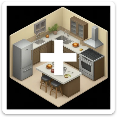 Add a prominent plus (+) symbol to the kitchen emoji in the image, ensuring it is clearly visible and does not obscure key details. Keep the overall style and perspective consistent with the original image. sticker