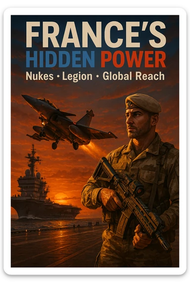 cinematic dusk scene of Rafale jet launching from Charles de Gaulle carrier with glowing orange sunset, foreground with Foreign Legionnaire in desert camouflage holding a high-tech rifle, bold tricolor headline 'FRANCE’S HIDDEN POWER', subtext 'Nukes • Legion • Global Reach', 8K, epic style sticker