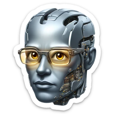Male cyborg head with metallic skin, flat top, rectangular glasses and circuits sticker
