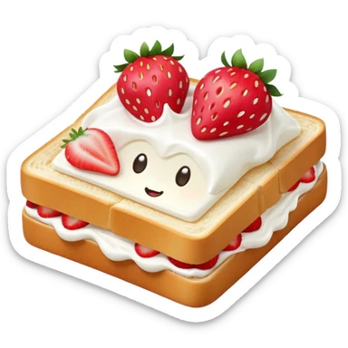 square toast topped with fluffy white cream, decorated with a strawberry bow made from two strawberry halves and a small sliced center, bright red and glossy, Clean soft shading, kawaii emoji style, centered object, no plate, no background, high detail, pastel tone sticker
