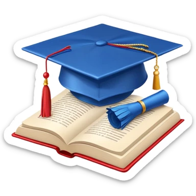 Apple emoji style graduation cap with a blue tassel, floating above an open book, clean background, cheerful sticker