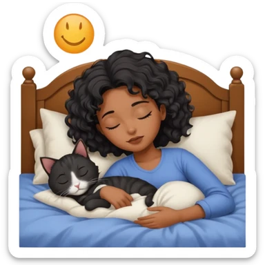 sleeping pretty black wavey hair girl in the bed, her cat is working instead of her sticker