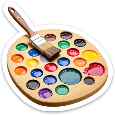 Cinematic Realistic image of a vibrant paint palette and brush, featuring a wooden palette smeared with an array of richly blended colors and a finely detailed brush with soft, delicate bristles, set against a softly textured background that evokes artistic inspiration sticker
