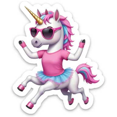 friendly anthropomorphised female unicorn with horse-like face, in tutu and pink t-shirt, wearing dark sunglasses, jogging upright in relaxed pose sticker
