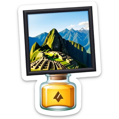 Machu Picchu sits on a glass bottle. sticker