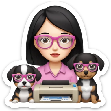 Una chica con pelo negro y lentes rosados con una impresora y dos perras una cajeta y la otra negra sticker