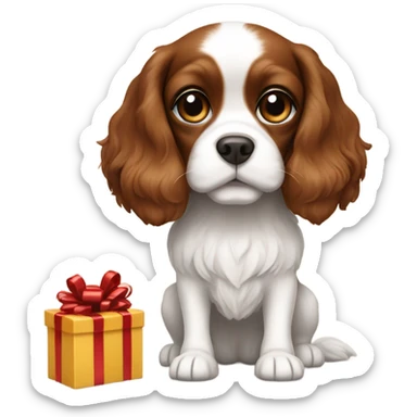 Brown and white cavalier dog and gift box sticker