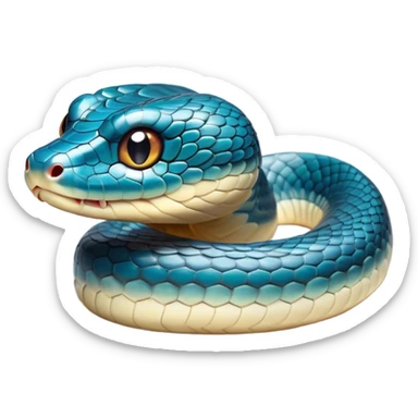 Cinematic Cute Chinese Water Snake Portrait Emoji, Head tilted playfully and inquisitively, with a compact, lithe form and a smooth, shimmering coat in subtle aquatic hues, round, sparkling eyes filled with curious fluidity, Simplified yet irresistibly adorable features, highly detailed, glowing with a warm, friendly glow, high shine, affectionate and agile, stylized with a touch of aquatic whimsy, soft glowing outline, capturing the essence of a mischievous yet loving water snake that feels like it could slither out of the screen into your arms! sticker