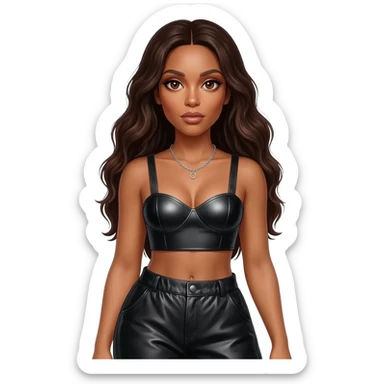 Aaliyah with brown eyes, long dark brown hair, black metallic sweetheart crop top, black metallic baggy pants, silver necklace sticker