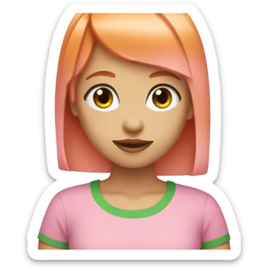 girl with orange straight hair and bangs and green eyes with a pink shirt sticker