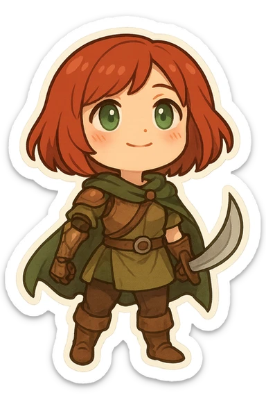 Millicent, chibi style, red bob haircut, green and brown adventurer outfit, prosthetic arm, holding a curved sword, standing in a hopeful pose, fantasy character sticker