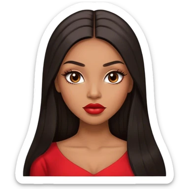 light brown skin tone, very beautiful woman, with big plump lips, long long lashes, black long straight hair, middle hair parting, brown eyes, red dress sticker