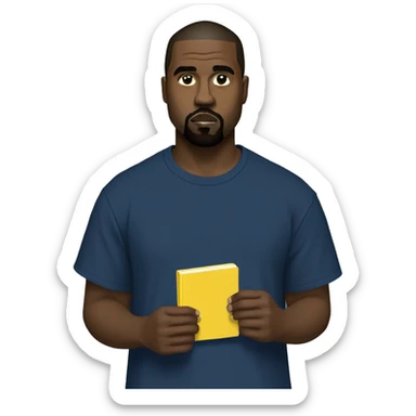 kanye west wearing a dark blue T-shirt, holding a yellow notepad sticker