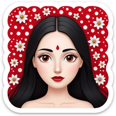 White girl with long oval shaped face, large almond shaped eyes with long eyelashes, long straight black hair falling in front of her bare shoulders, face closeup, with detailed pattern of red and white gopi dots in decorative arrangement above eyebrows sticker
