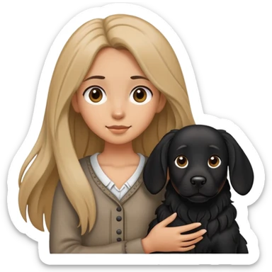 A long-haired girl is holding a big black dog with standing ears sticker