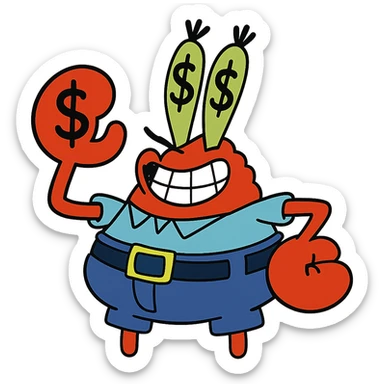 Edit the image of Mr. Krabs from SpongeBob SquarePants to have dollar-shaped eyes in a vibrant cartoon style with a transparent background. sticker