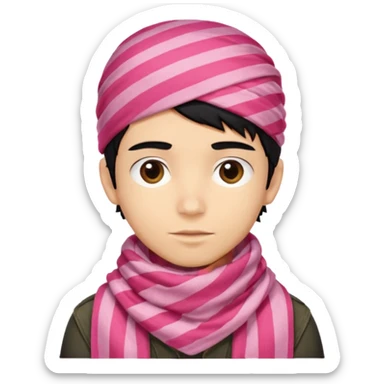 Emoji de un chico con turbante árabe que el chico sea de color piel clara y que tenga cabello negro y de fondo blanco y que tenga un pañuelo árabe de color rojo y con rayas rosas sticker