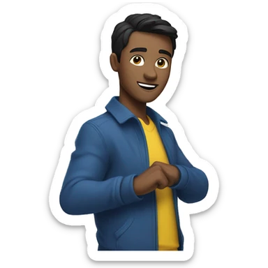 HALF BODY GUY WITH SOFT BLACK SHORT HAIR WITH BLUE COAT AND YELLOW INNER SHIRT SHOWING HIS DANCE MOVES sticker